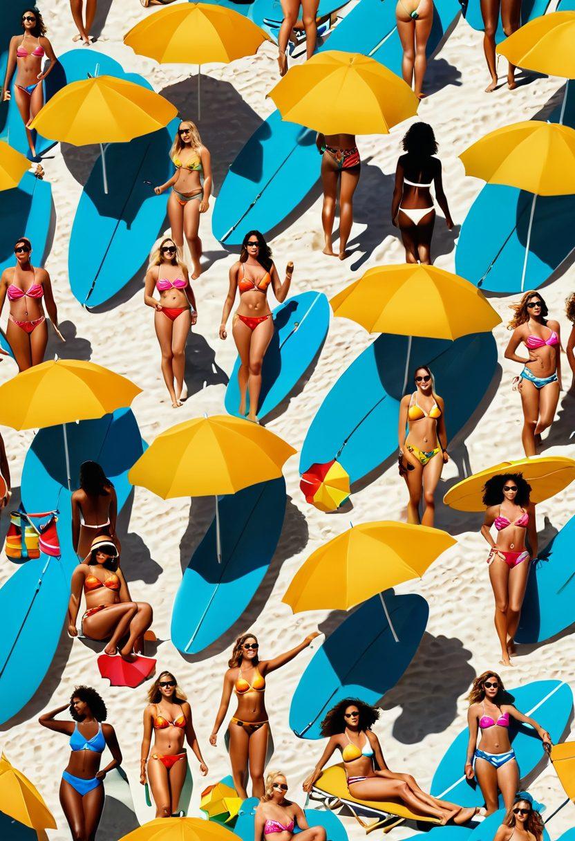 A vibrant beach scene showcasing diverse body types confidently wearing stylish summer swimwear. Include a backdrop of sun-loungers, colorful umbrellas, and beach waves with friends enjoying a sunny day. Add elements of beach culture like surfboards, beach volleyball, and tropical drinks. The atmosphere radiates positivity and body confidence. super-realistic. vibrant colors. sunny ambiance.