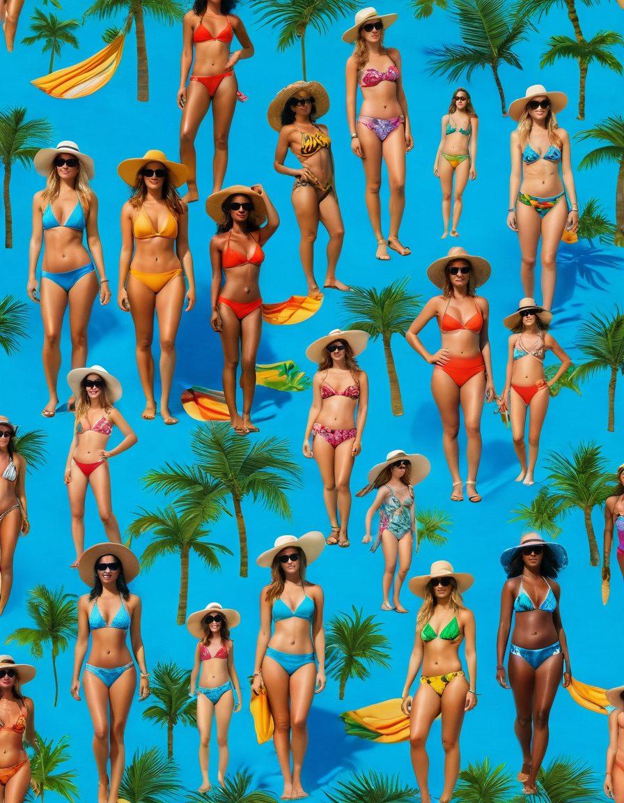 A vibrant beach scene featuring models of diverse body types showcasing various swimwear styles, from colorful bikinis to eco-friendly options made of sustainable materials. The sun shines brightly over clear blue waters with palm trees in the background. Include beach accessories like hats and sunglasses for added flair. Emphasize a sense of joy and relaxation. super-realistic. vibrant colors. sunny ambiance.